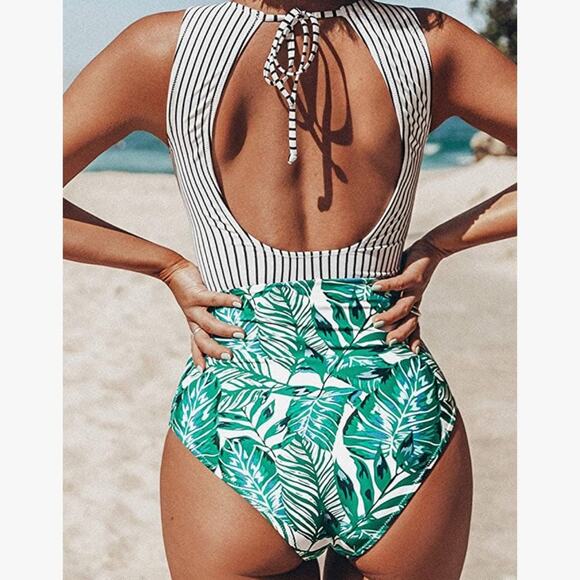 Cupshe One Piece Swimsuit Striped Leafy High Neck - Picture 2 of 9